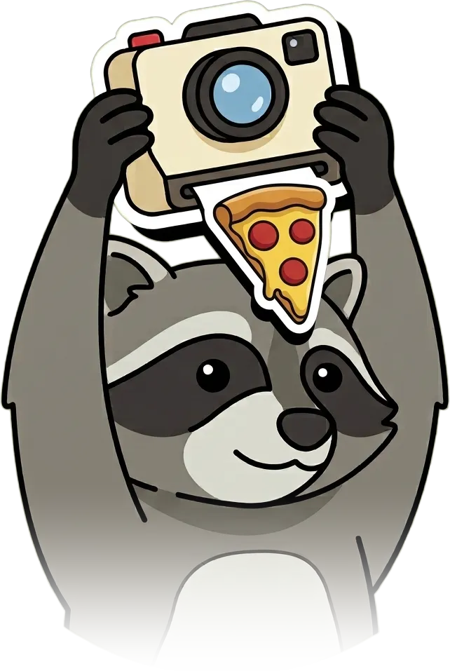 Pedro de wasbeer houdt een camera omhoog die een sticker print